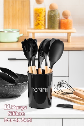 Porsima 3165 Standlı Bambu Silikon 11 Parça Servis Takımı Seti Siyah
