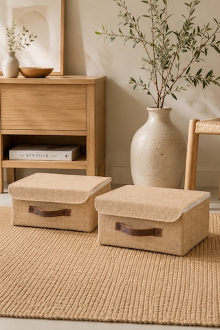 2'li Kapaklı Jüt Düzenleyici M Boy 30x23x13 Cm Dolap İçi Raf Tekstil Banyo Organizer Saklama Kutusu Kahverengi