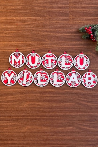 Büro Ev Partisi İçin 11harf Kırmızı Beyaz İpli Mutlu Yıllar Ahşap Yılbaşı Ağaç Süsü