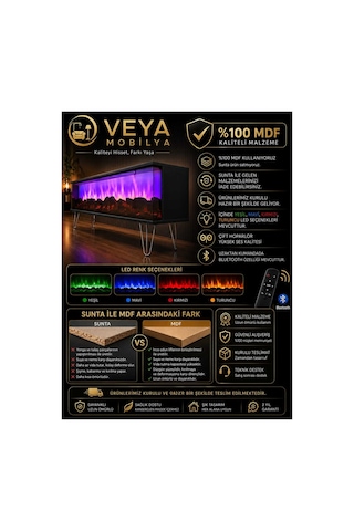 Tv Sehpası Full Şömineli Kumandalı Bluetooth Stereo Ses 6 Modlu Ünite 175 Cm Mdf Metal Ayak Siyah Ve Krom Siyah Ve Krom