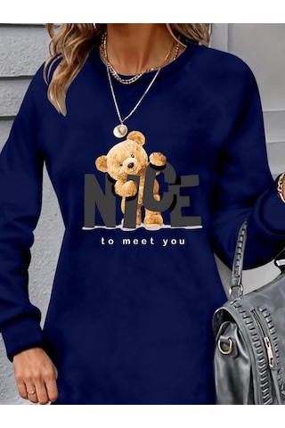 Kadın Uzun Kollu Bisiklet Yaka Ayı Desenli Viskon Iki Iplik Elbise Lacivert