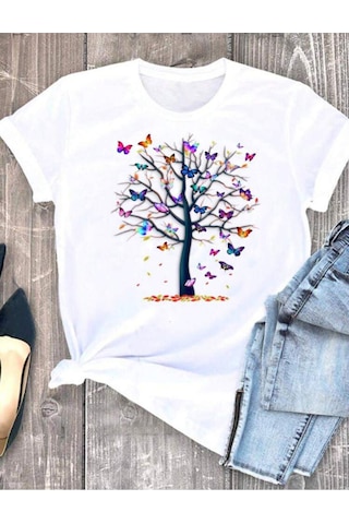 Rahat Kalıp Tree & Butterfly Baskılı Tshirt Beyaz