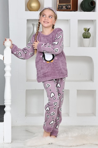 Kız Çocuk Peluş Kumaş-göz Bantlı Penguenli Pijama Takımı 12281 Lila