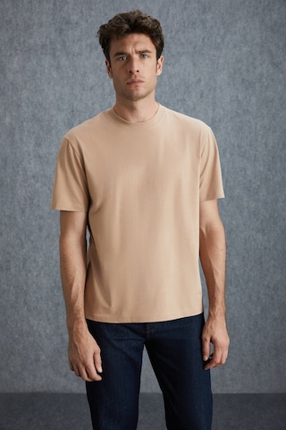 Grimelange Solo Erkek %100 Organik Pamuklu Kalın Dokulu Comfort Fit Bisiklet Yakalı Bej T-shirt