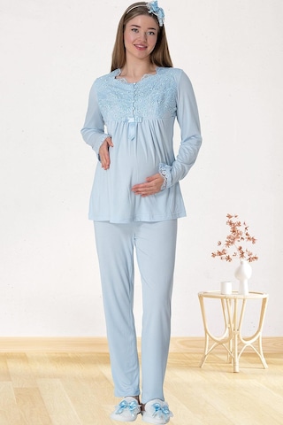 Mecit Pijama Mecit 5416 Mavi Uzun Sabahlıklı Lohusa Pjama Takımı
