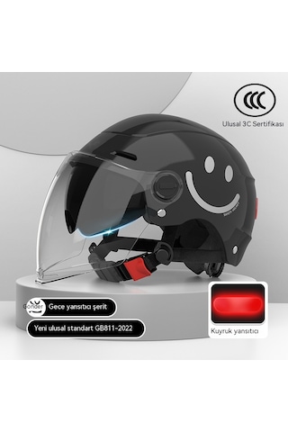 Yy SQ668 Kulak Muhafızları Çift Ayna Kuyruk Işık Açık Motosiklet Kaskı Siyah