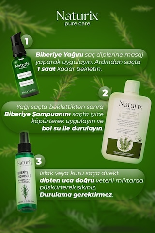 Naturix Dökülme Karşıtı ve Hızlı Saç Uzatan Doğal Biberiye Şampuanı Yağı ve Tonik Saç Bakım Seti 3'lü