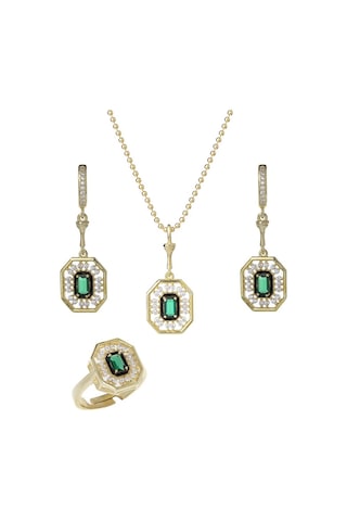 Yeşil Zirkon Taşlı Gold Rengi 925 Ayar Gümüş Kadın 3'lü Set Gold