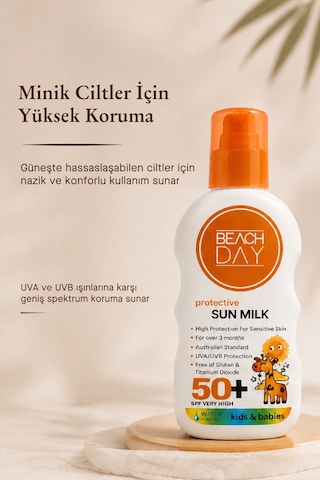 Beach Day Bebek ve Çocuklar için Yüksek Koruyucu Güneş Sütü Spf 50+ 150 ML