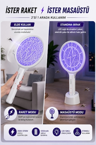 Aqm04 Şarjlı Elektrikli Auhma Sinek Öldürücü Raket 3500-3700v , Standlı Masaüstü Kullanım, Led Işıklı, 1200mah