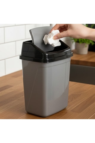 Porsima 0101 Kapaklı Gri-siyah Çöp Kutusu - Favori Banyo Ve Mutfak Çöp Kovası 5lt Siyah