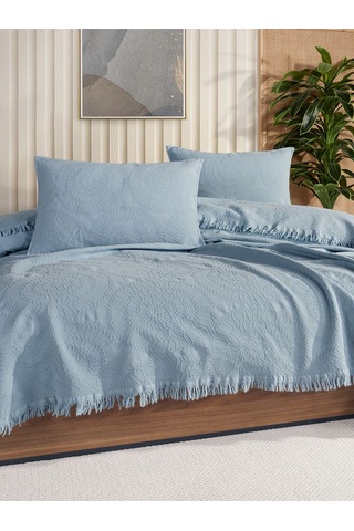 Jakar Daire Çift Kişilik Yatak Örtüsü Seti Açık Mavi Kutulu Mavi