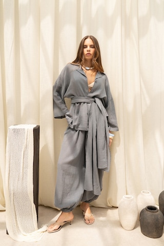 Mai Collection Cozy Şal Detay Füme Üçlü Gömlek Pantolon Keten Takım