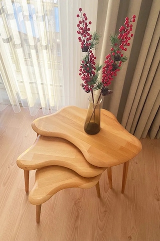 Fawdecor Asimetrik Naturel Masif Doğal Ahşap Zigon Sehpa 3'lü Set