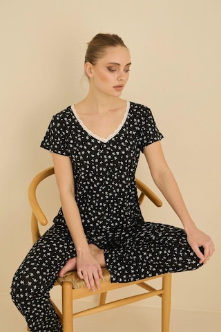 Seamlife Kadın Desenli Düğmesiz Bisiklet Yaka Kısa Kol Pijama Takımı-slim Fit Yazlık Homewear Siyah