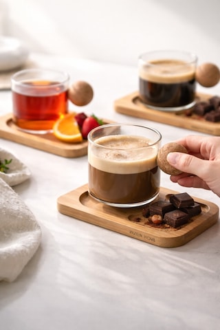 Fıre Kıng Panda 6'lı Bambu Tabaklı Cam Borosilikat Mantar Kulplu Bardak 150 Ml Cam Kahve Bardağı Açık Ahşap
