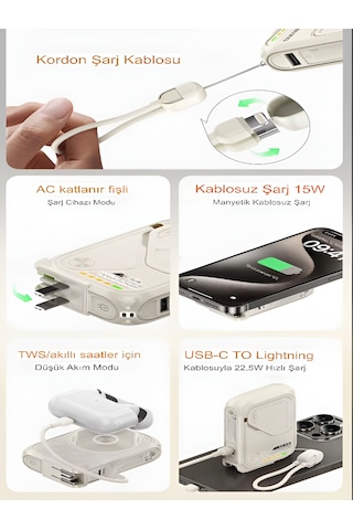 5'in 1 Pd 22.5w Hızlı Şarj Powerbank - 10000mah, Kablolu Ve Kablosuz Standlı Çoklu Fişli Şarj Cihazı Bej