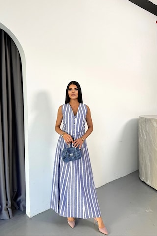 Sensuelle Keten Çizgili Yelek - Uzun Etek Takım - Mavi Mavi