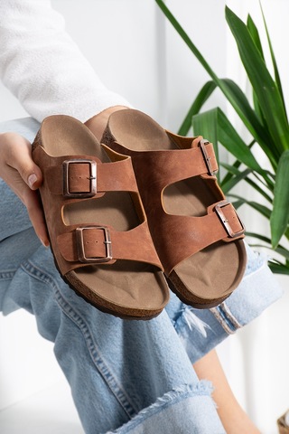 Stwenn Çift Tokalı Ortopedik Taban Terlik Unisex Günlük Rahat Kaymaz Taban Yazlık Sandalet Taba
