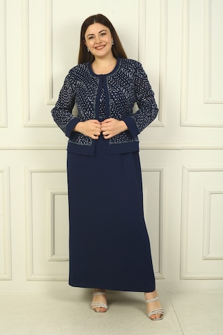Kadın Boncuk Pul İşlemeli Tül Ceket Yarım Ay Kollu Uzun Elbise Astarlı Büyük Beden 2'li Takım Lacivert