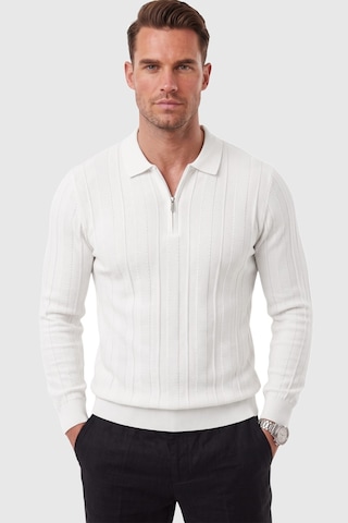 Rizzup Erkek Slim Fit Dokulu Beyaz Triko Kazak Fermuarlı Polo Yaka Likralı Esnek 2708505