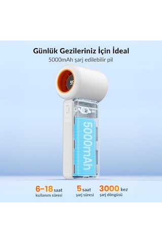 Warmco H1 15000 Rpm Turbo El Vantilatörü 5000 Mah Şarjlı Dijital Göstergeli Mini Soğutucu Fan Beyaz