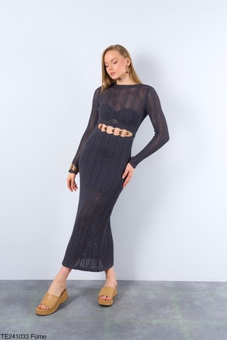 Butik Belvita Yırtmaçlı Göbeyi Boncuklu Triko Elbise Füme