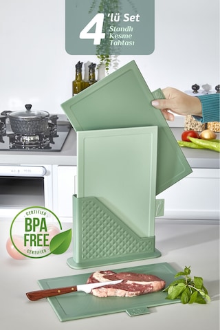 4'lü Tezgah Üstü Dikey Standlı Kesme Tahtası - Çoklu Doğrama Tahtası Ekmek Sebze Et Kesim Panosu Yeşil