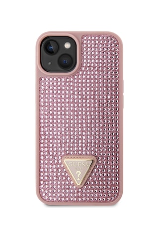 Apple iPhone 14 Uyumlu Kılıf Guess Lisanslı Taşlı Arka Yüzey Üçgen Logolu Kapak Pembe