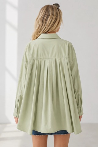 Mevese Menri Kadın Oversize Pensli Cepli Poplin Gömlek - Yeşil