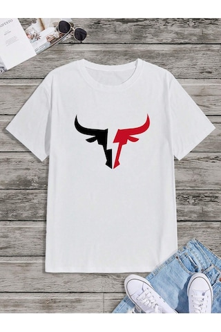 Boğa Sembol T-shirt - Beyaz Baskılı Oversize Bisiklet Yaka Kısa Kol Tişört Beyaz