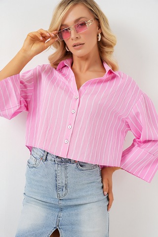 Bigdart Kadın Çizgili Oversize Kısa Gömlek 20326 - Pembe