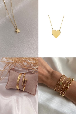 X-lady Accessories Altın Renk Kombin Kalp Kolye Yıldız Kolye Çivi Bileklik Altın