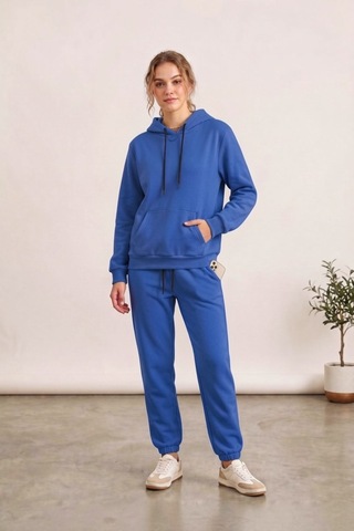 Moibody Kadın 3 İplik Şardonlu Eşofman Takımı Premium Kapüşonlu Sweatshirt Ve Jogger Alt Yavruağzı Mavi Mavi