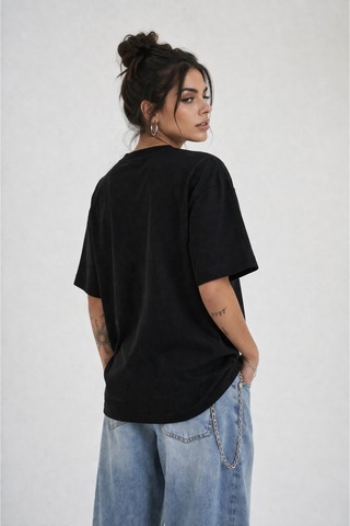 Modivibe Kadın Oversize T-shirt %100 Organik Pamuklu Kalın Dokulu Fit Yuvarlak Yakalı Siyah