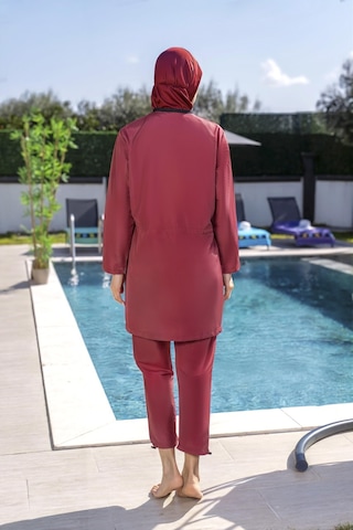 Mayom Su İtici Özellikli Yanlardan Ayarlanabilen Hızlı Kuruyan Kumaş Fermuarlı Tesettür Mayo Bordo