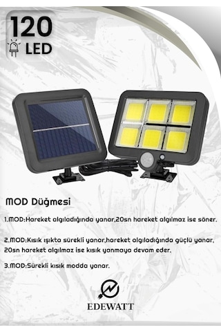 2 Adet 120 Cob Led Solar Panel Güneş Enerjili 3 Mod Duvar Lambası Bahçe