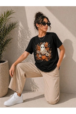 Hazego Balkabağı Hayalet Baskılı Tişört Kısa Kol Yazlık T-shirt - Siyah