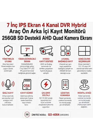 7 İnç Ips Ekran 4 Kanal Dvr Hybrid Araç Ön Arka İçi Kayıt Monitörü 256gb Sd Destekli Ahd Quad Kamera Ekranı