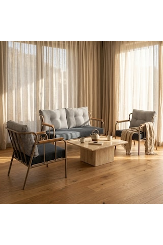 Paris 2+1+1 Metal Balkon Takımı Keten Dokulu Kumaş Cappuccino Metal - Bahçe Teras Oturma Grubu