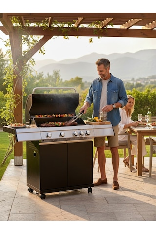Gazlı Barbekü Mangal 4+1 Brülörlü Döküm Izgaralı 136x54x115 Cm Çelik