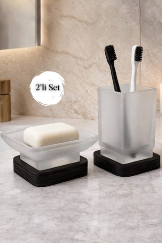 Cam 2 Li Banyo Seti Diş Fırçalık Sabunluk Beyaz