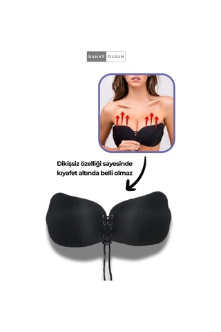 Askısız Yapışkanlı Toparlayıcı Siyah Kelebek Hayalet Silikon Sütyen, Toparlayıcı İpli Dolgunlaştırıcı Siyah
