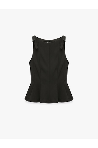 Koton Krep Scuba Kumaş Fiyonk Detaylı Kayık Yaka Kolsuz Peplum Bluz Siyah 7wak10045ek