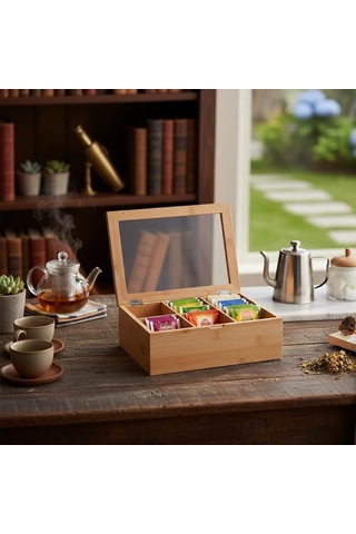 Deconox Bambu 6 Bölmeli Çay Kutusu -%100 Orjinal Bambu Mıknatıslı Kapak 21x16,5 X7cm Sku: Smg8690010173515 Açık
