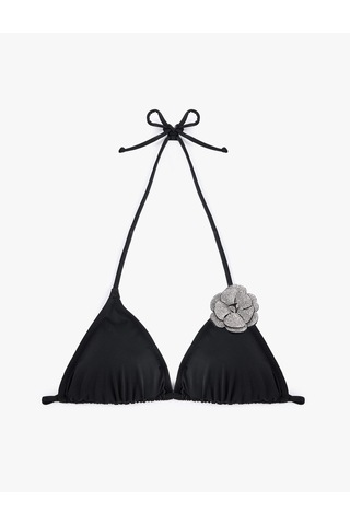 Koton Aksesuar Gül Detaylı Boyundan Bağlamalı Üçgen Bikini Üstü Siyah 6sak10168mm