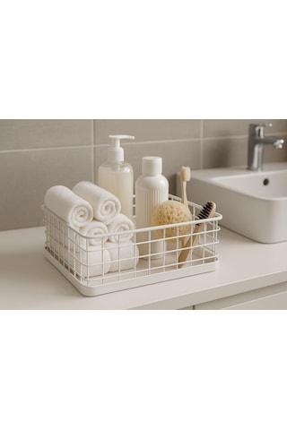 Okyanus Home Dikdörtgen Beyaz Metal Organizer Sepet Maxi 18x33 Cm Beyaz