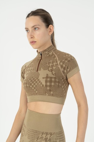 Maraton Slimfit Kadın Bisiklet Yaka Vizon Crop Top Vizon