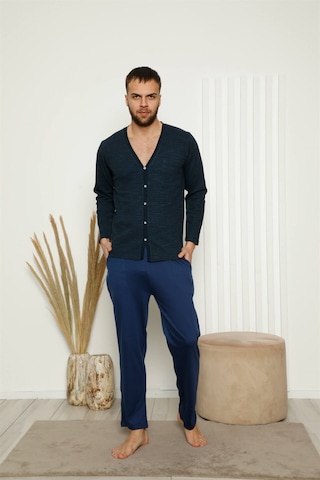Akbeniz Erkek %100 Pamuk Önden Düğmeli Cepli Uzun Kollu Pijama Takımı 6768 Lacivert