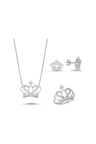 Kral Kraliçe Tacı Kadın Gümüş Kolye Küpe Ve Yüzük Seti Wss07